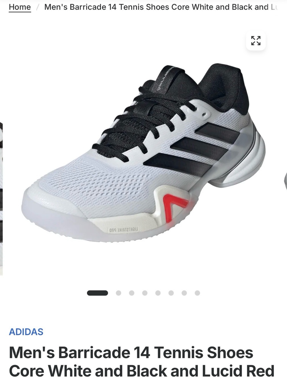 adidas Men's Barricade 14 Tennis Shoes — White, Black & Red Accent